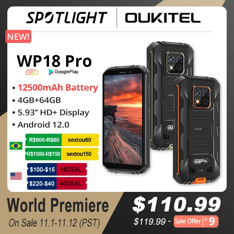 World Premiere OUKITEL WP18 Pro Rugged Phone 12500mAh Android 12 4GB+64GB Mobile Phone 5.93'' HD+ Display 13MP Camera Smartphone