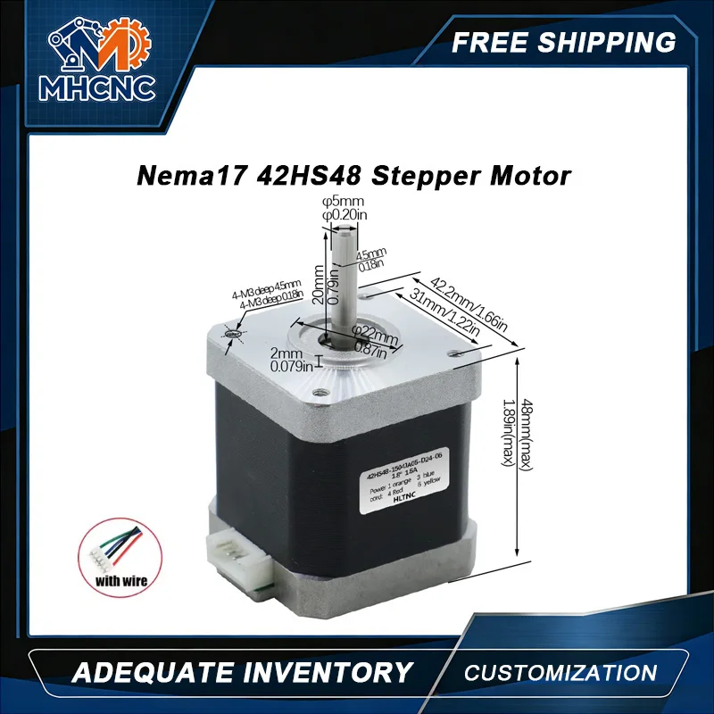 Фото Шаговый двигатель MHCNC Nema17 42HS48, 48 мм, 0.45 Нм, 65 унций, 1.5 А, вал 5 мм, для 3D-принтеров, фрезерных станков с ЧПУ, роботов-манипуляторов, автоматизированного оборудования №1