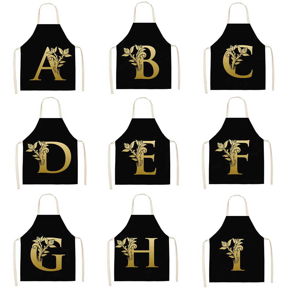 

Black Cotton Linen Aprons With Letter Adjustable Bib Apron Kitchen Aprons for Chef