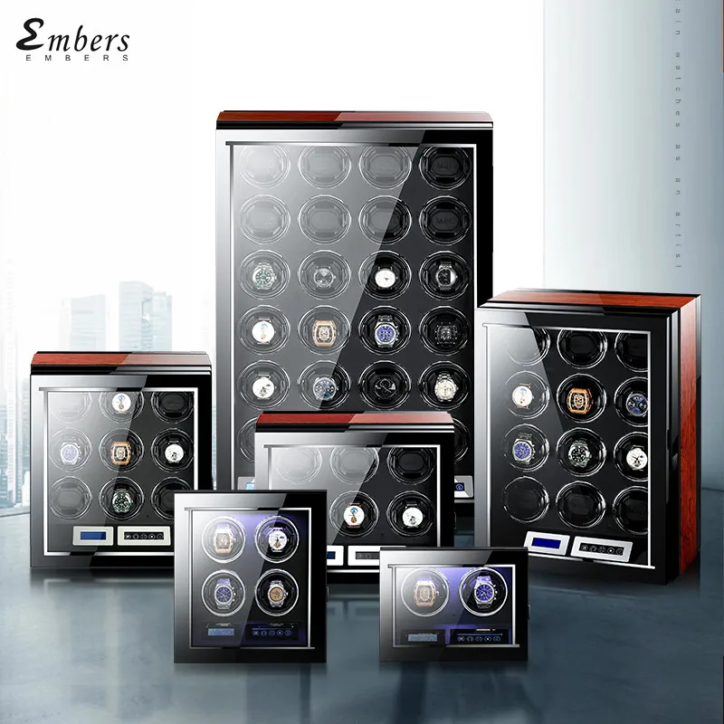 Embers Luxury Automatic Watch Winder Wood Mabuchi Motro Mechanical Watches Box Shaker LCD Touch Screen Wooden Storage Safe Case