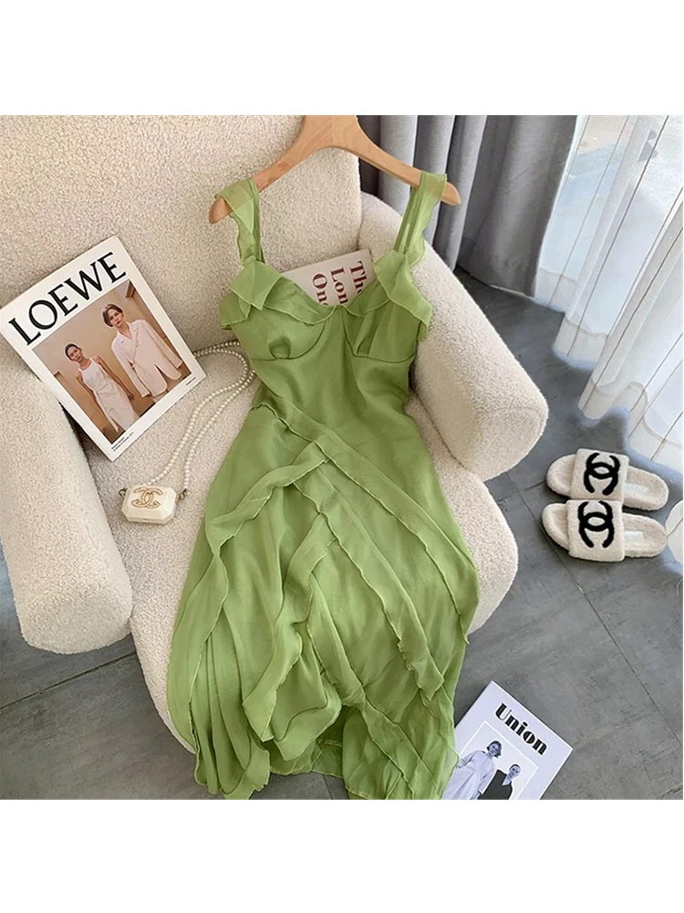 

Summer Beach Maxi Dress Women Solid Green Strap Long Dress Ruffles Wrap Casual V-Neck Irregular Sexy Beach Party Vestidos Robe
