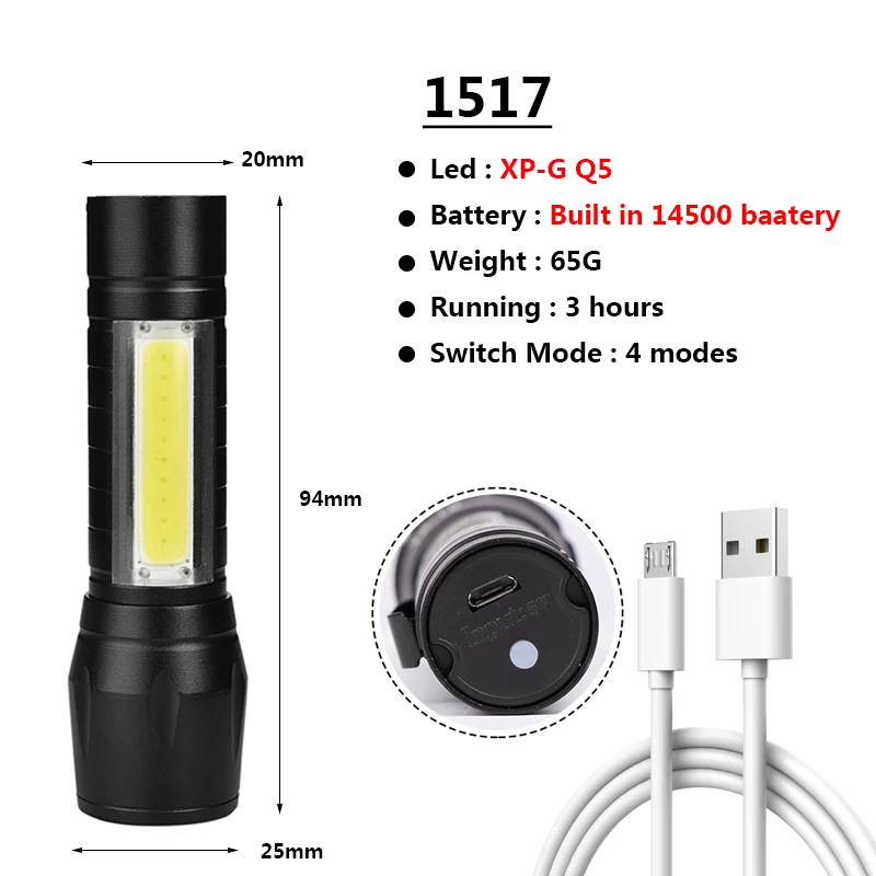 Светодиодный фонарик со встроенной батареей 18650 XM-L T6 COB масштабируемый фонарь с USB