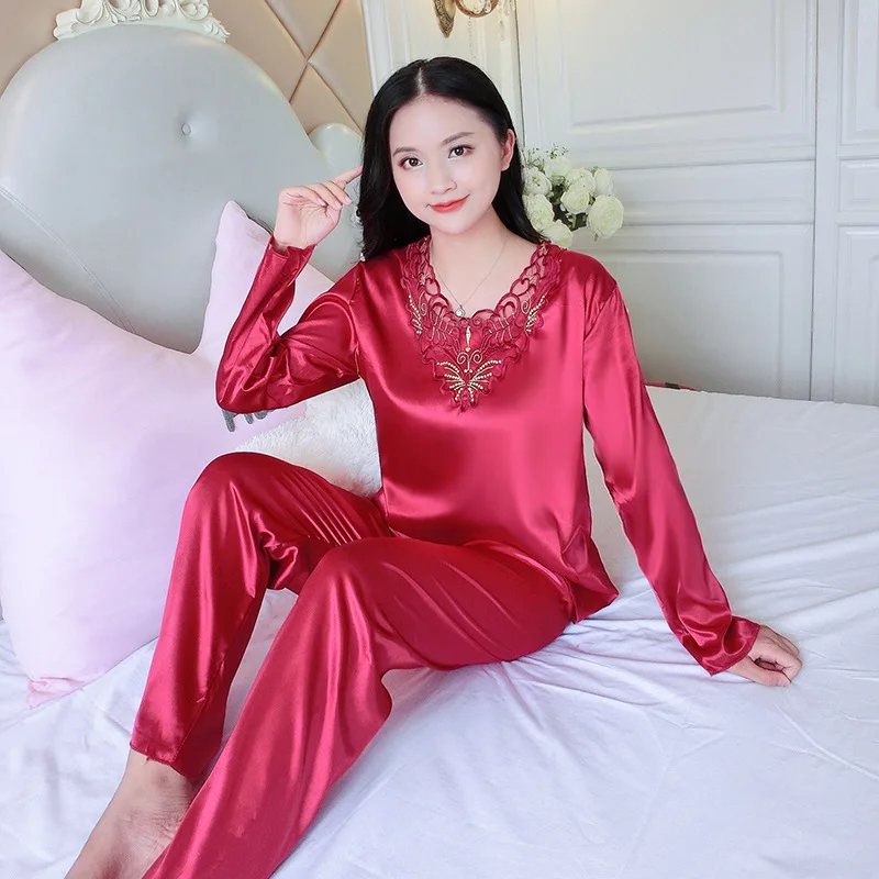 

2022 Large Size Summer Ice Silk Pajamas Women Summer Long-sleeved Trousers Silk Suit Thin Section Noble Two-piece Home Service