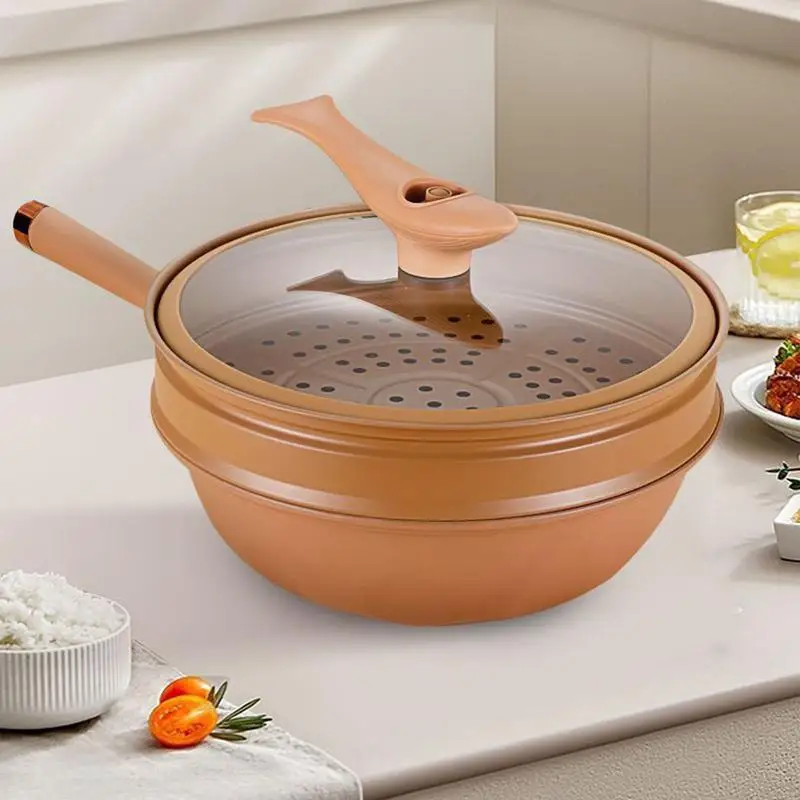 

Ceramic Wok With Lid Energy-Concentrating Pot Bottom Ceramic Steaming Cook All In 1 Frying Wok Flat Bottom Large Saute Pan Set