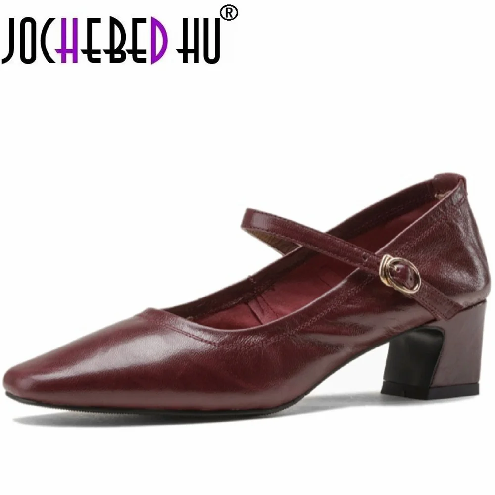 【JOCHEBED HU】Мягкие туфли из овчины на среднем каблуке весенне-осенние новые