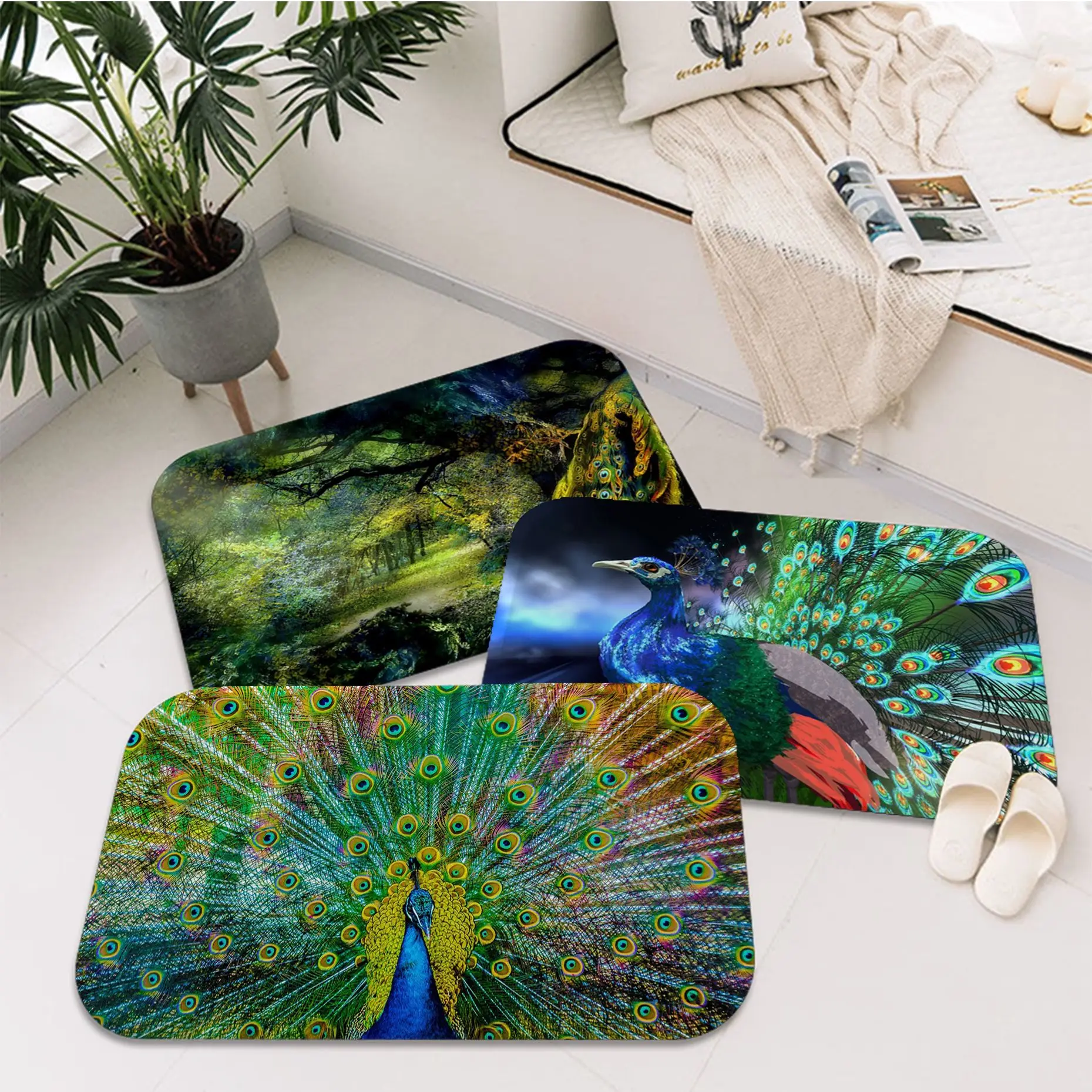 

Peacock Bathroom Mat Nordic Style Bedroom Living Room Doormat Home Balcony Anti-Slip Toilet Rug