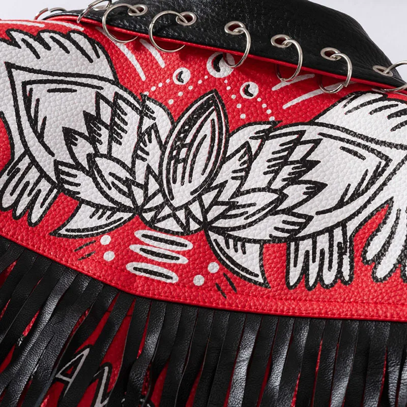 ZURICHOUSE Chic Red PU Leather Hit Color Print Tassel Jacket Women Slim Short Streetwear Motorcycle Faux Leather Coat Mujer