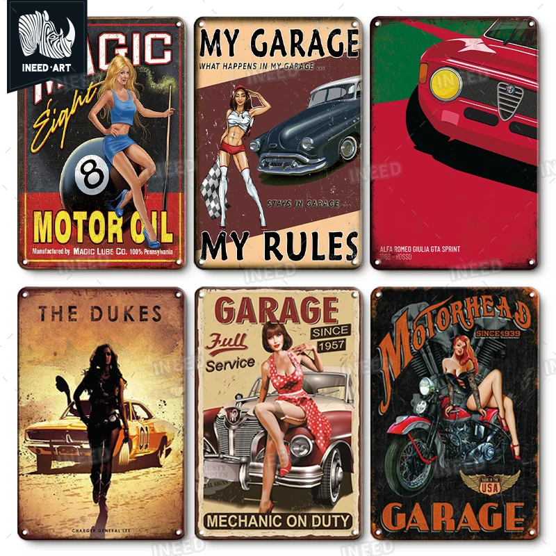 

INEED Retro My Garage Tin Sign Metal Plate Wall Decor Vintage Iron Plaque Wall Art Painting Man Cave Home Motor Old Car Posters
