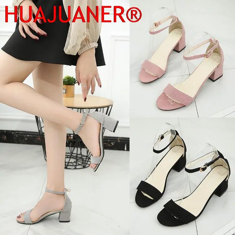 

HUAJUANER 2022 New Thick Heel 7 Cm 5 Cm Sandals Women Summer Wild High Heel Mid-heel Buckle Sandals Open Toe Flock Pumps Shoes