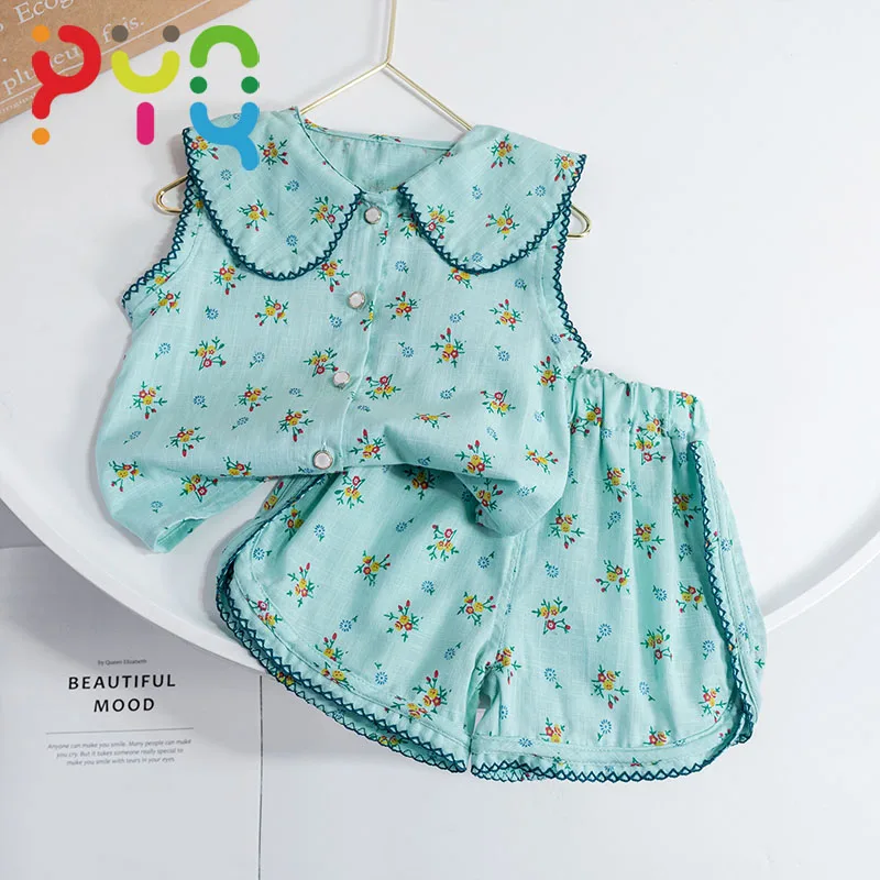

PYQ Casual Children's Clothing 2023 Summer New Girls Floral Tops+Shorts 2pce Outfits For Kids Sleeveless Doll Neck Sets 1-6Years