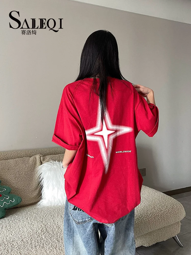 

SALEQI Kpop Streetwear Red Short Sleeve Tshirts Oversized Y2K Vintage Letter Star T Shirts Hippie Harajuku Black Tees Women