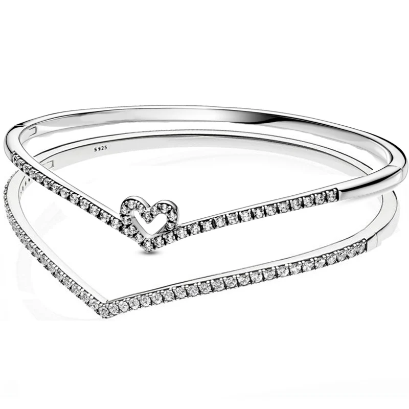 

Real Sparkling Heart Wishbone Shimmering Wish Bangle 925 Sterling Silver Bracelet Fit Original Europe Bead Charm Diy Jewelry