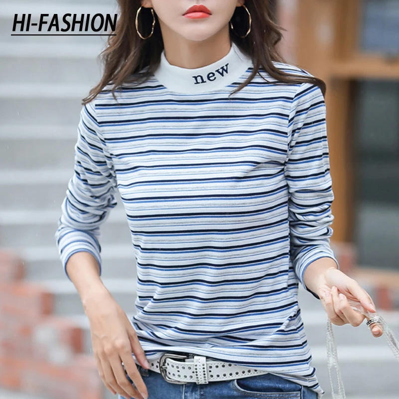 

HI-FASHION Letter Embroidery Autumn Tops Long Sleeve Striped T Shirt Women T-Shirt Half Turtleneck Fall Clothes Tee Shirt Female