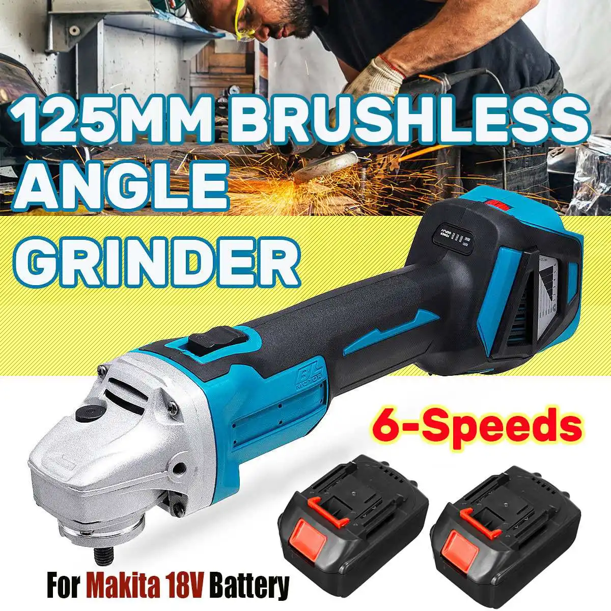 

6 Speed 125mm Brushless Cordless Electric Angle Grinder Rechargeable Woodworking Cutting Grinding Machine for Makita 18V Battery