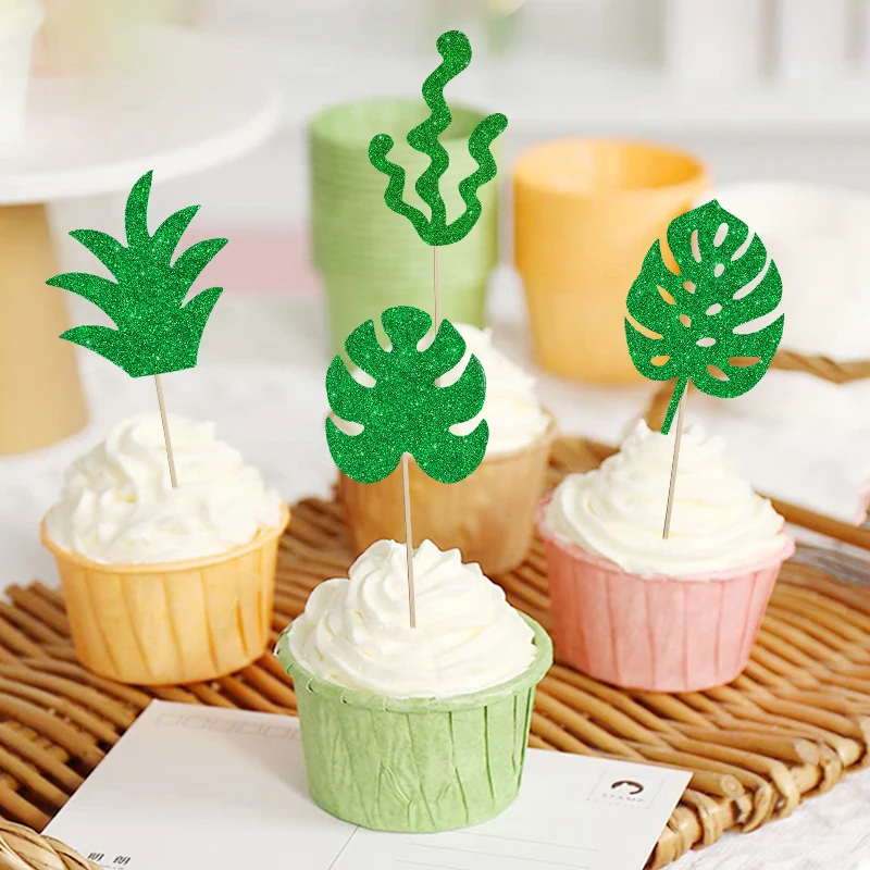 

12/24pcs Palm Leaf Cake Toppers Jungle Tropical Party Green Leaf Cupcake Toppers Jungle Birthday Party Dessert Decor