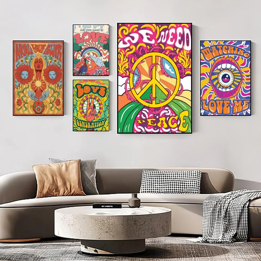 

Vintage Love Flower Power Peace Hippie Poster Self-adhesive Art Kraft Paper Sticker DIY Room Cafe Vintage Decorative Painting