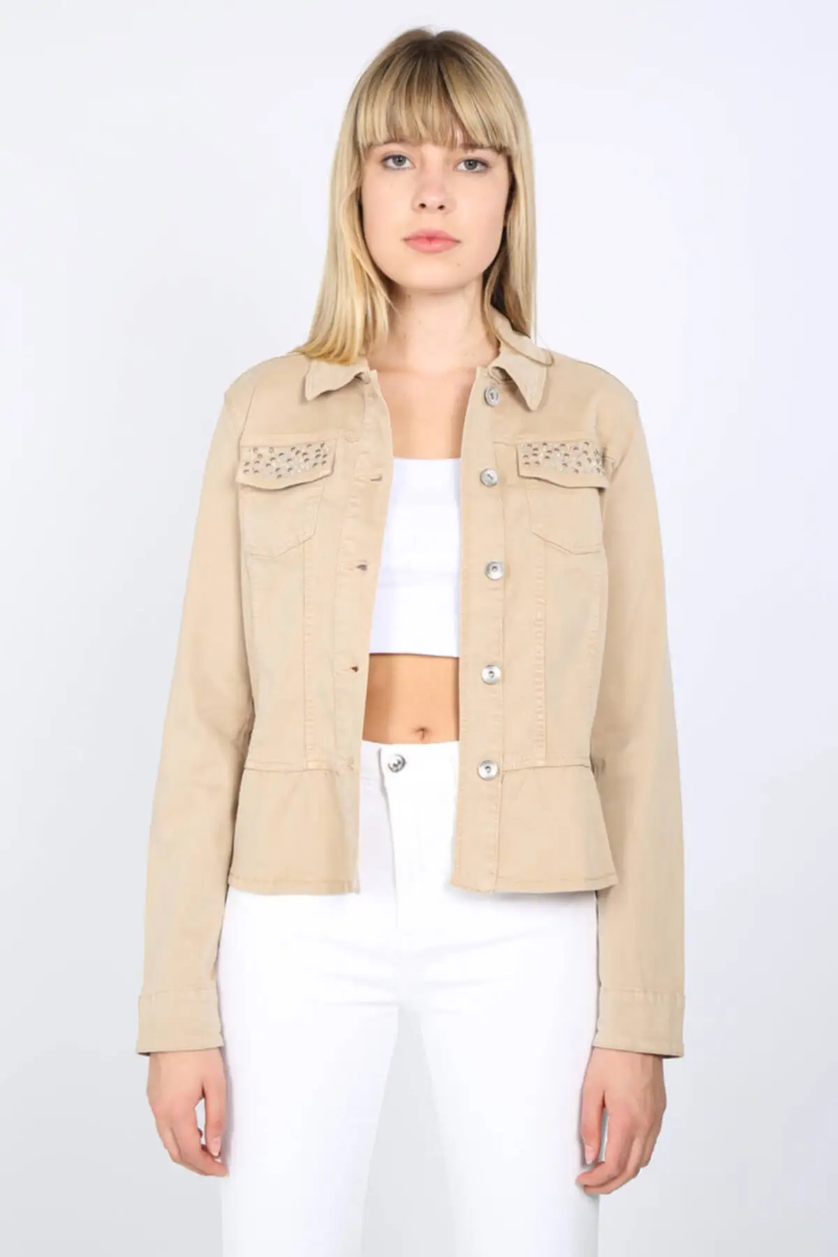 

Женская модная джинсовая куртка пальто бежевая усадочная куртка с детализированным камнем