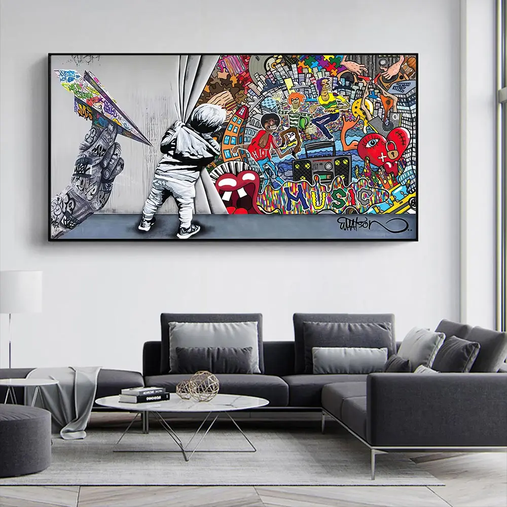

New Child Pull Curtain Graffiti Abstract Wall Art Picture Canvas Painting Fashion Art Poster Living Room Office Decor Gift