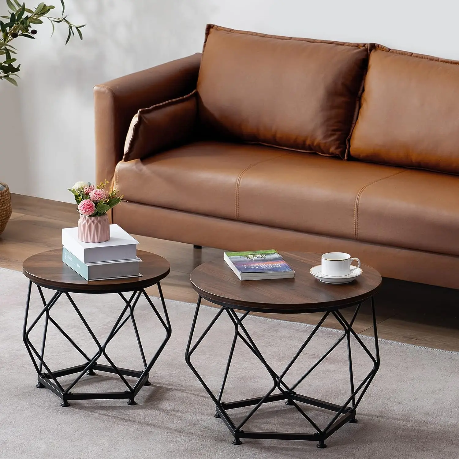 

Round Coffee Table Set of 2, Living Room End Tables with Steel Frame,Industrial Small Side Table for Small Spaces, Wooden Nestin