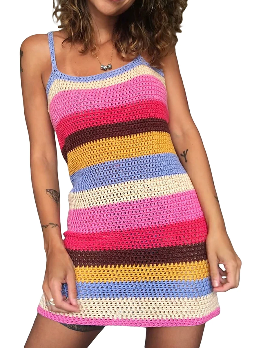 

Txlixc женское модное трикотажное мини-платье цветное Полосатое контрастных цветов на бретельках Y2K с открытой спиной Платья с лямкой на шее Клубная одежда