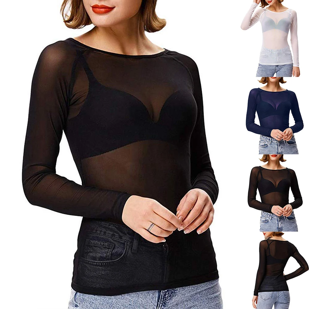 

Women Sheer Mesh Fabric Long Sleeve Crew Neck Solid Pullover Undercoat All-Season Clubwear Sexy 18-24 Regular Slight Strech