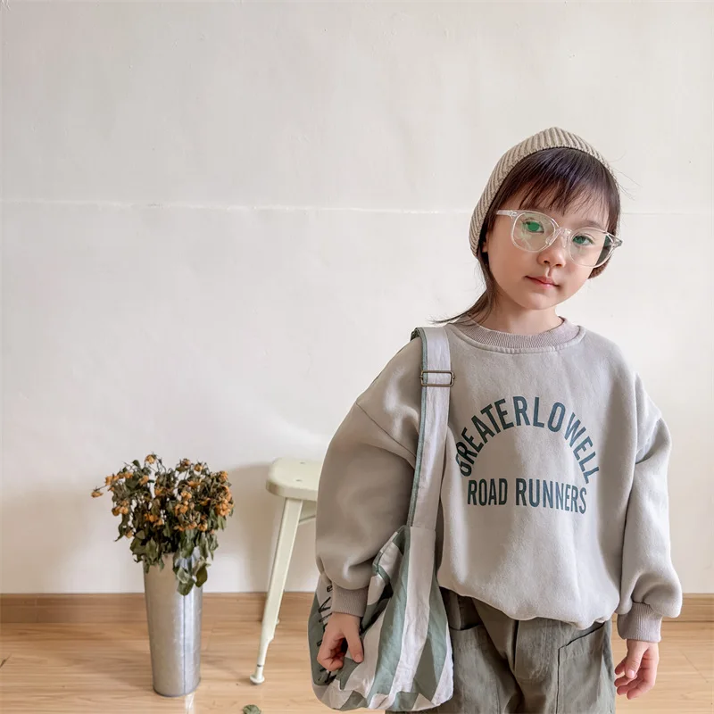

2023 New Winter Children Long Sleeve Fleece Sweatshirts Boys Girls Fashion Letter Print Sweatshirts Casual Kids Pullover Tops