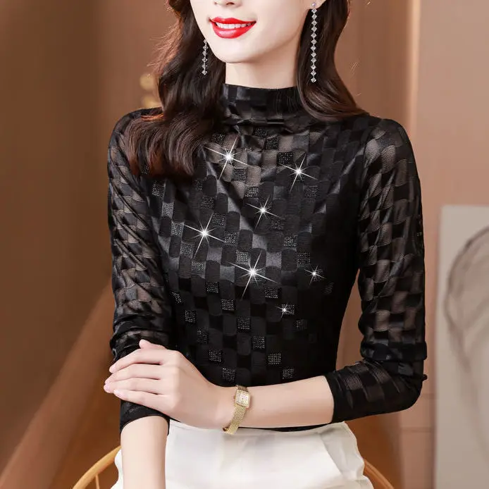 Кружевная нижняя рубашка Осень-зима 2022 новая модная бархатная Сетчатая футболка