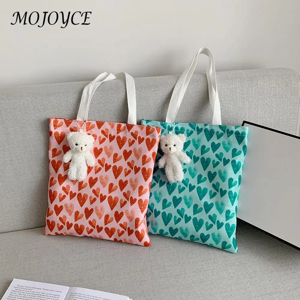 

Canvas Love Printing Tote Handbags Fashion Women Shoulder Bag with Bear Pendant Leisure Eco Bag Large Capacity Tote Handbag
