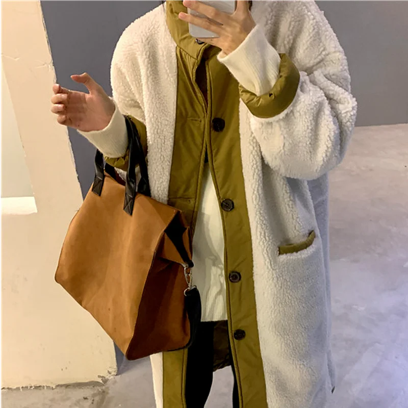 Thickened Parka Coat on Both Sides Wear Casual Long Single-breasted Cotton Jacket Women 2022 Winter New Lamb Velvet Jacket