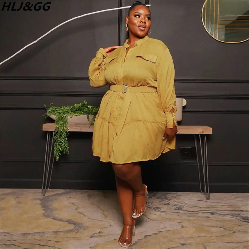 HLJ&GG Plus Size Elegant Shirt Dresses Women Solid Color Button Lace Up Mini Dress Fall Long Sleeve V Neck Belt Vestidos Clothes