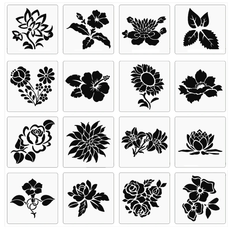 

C5AE 16Pcs Creative Floral Templates Large Hollow-out PET Stencils Set Graffiti Template Home Party Decoration Supplies