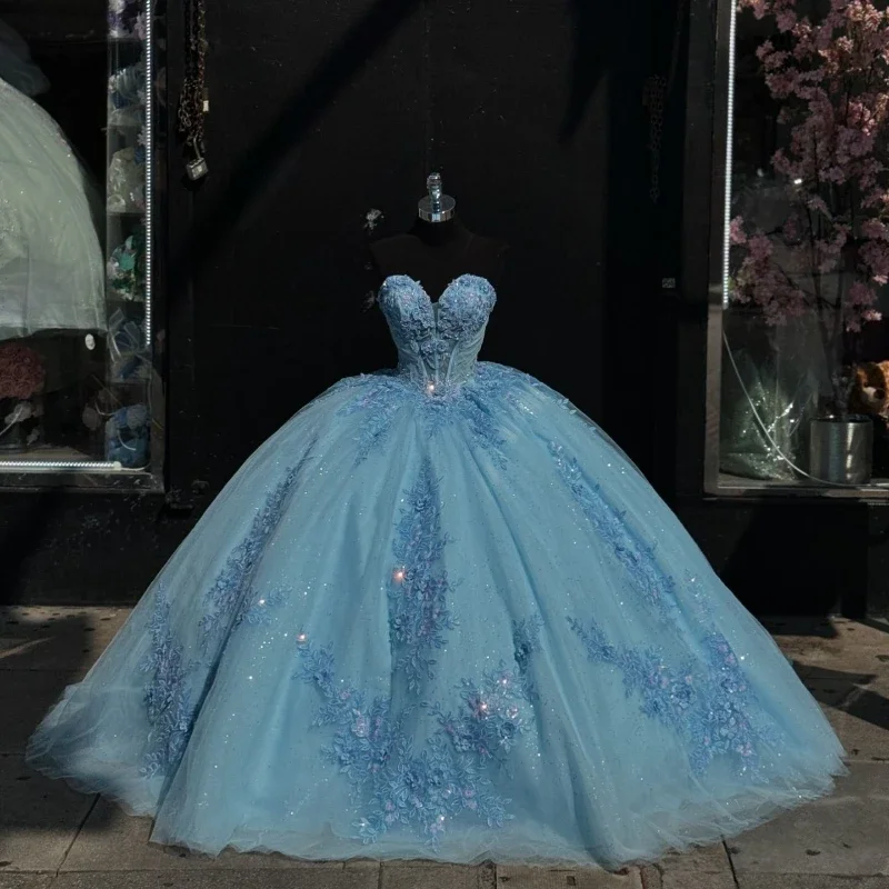 ANGELSBRIDE небесно-голубые мексиканские платья Quinceanera кружевной корсет с открытыми
