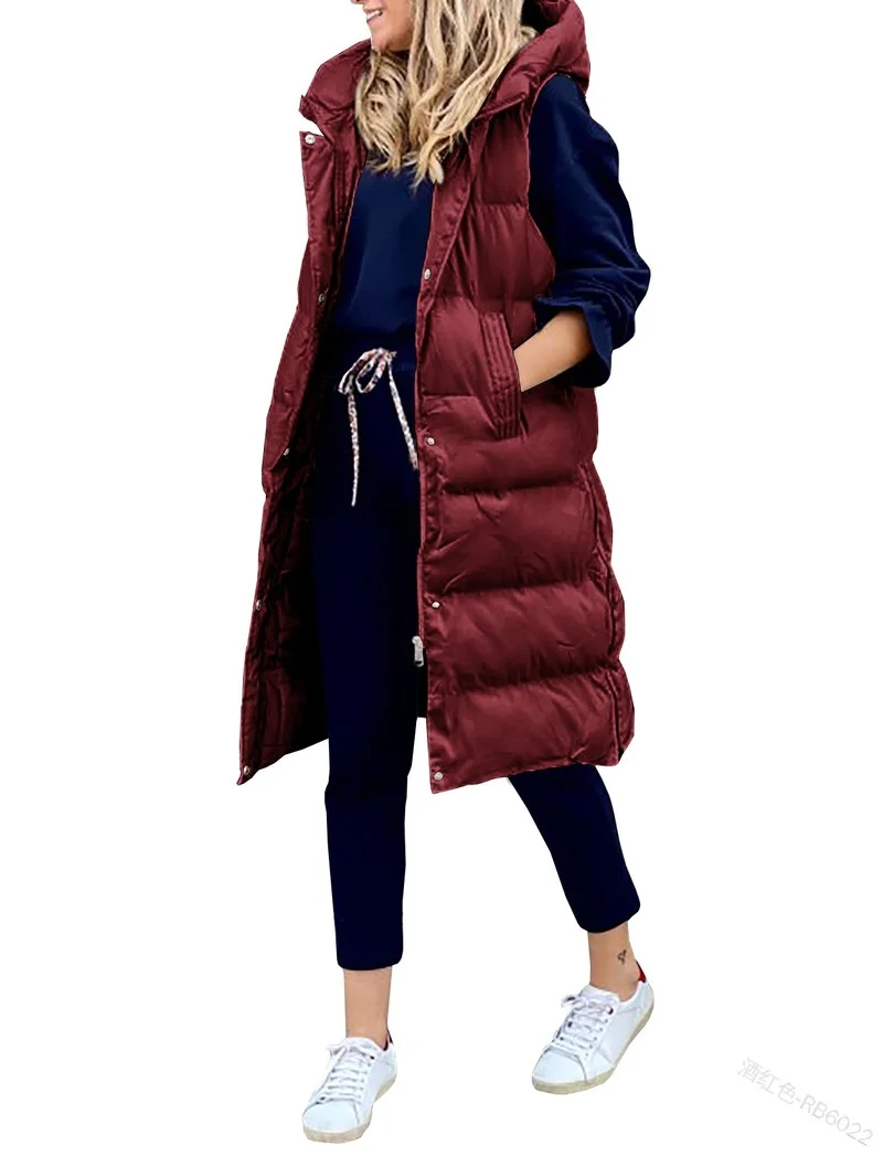 Winter Coats Women Loose Casual Fashion Single-breasted Warm Vest Long Hooded Sleeveless Jackets Solid Cotton Padded Waistcoat