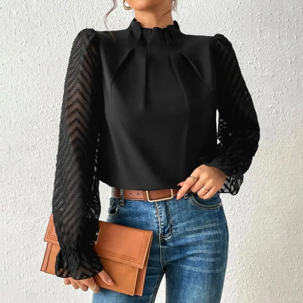

Ol Style Blouse Elegant Lace Patchwork Blouse Stylish Women's Ol Fashion with Ruffle Sleeves See-through Design Women Shirt