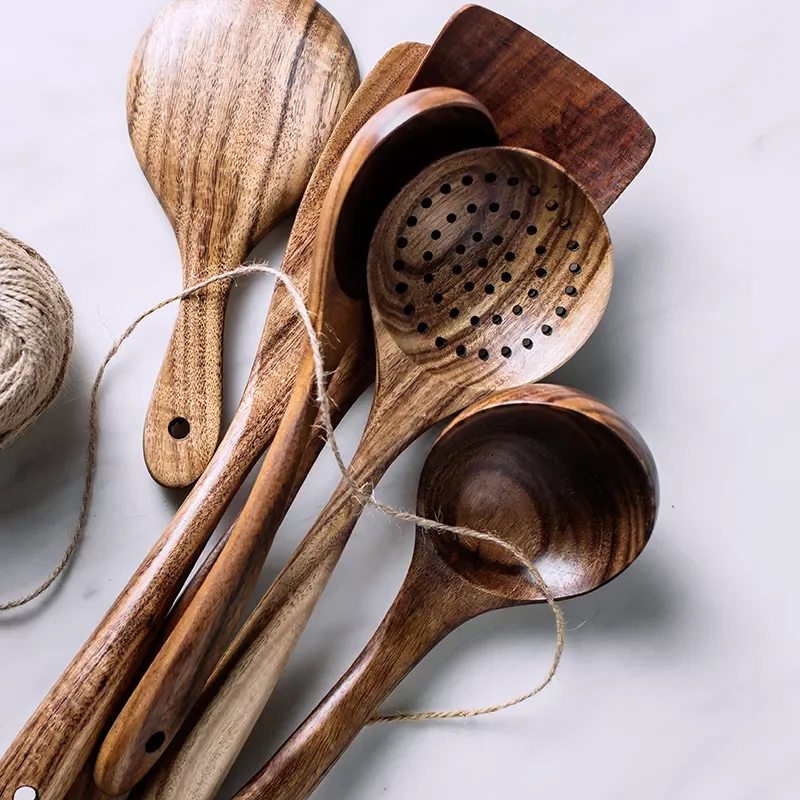 

7-8pcs/set Teak Natural Wood Kitchenware Cooking Soup Spoon Colander With Bucket cookware set non stick Tableware Kitchen