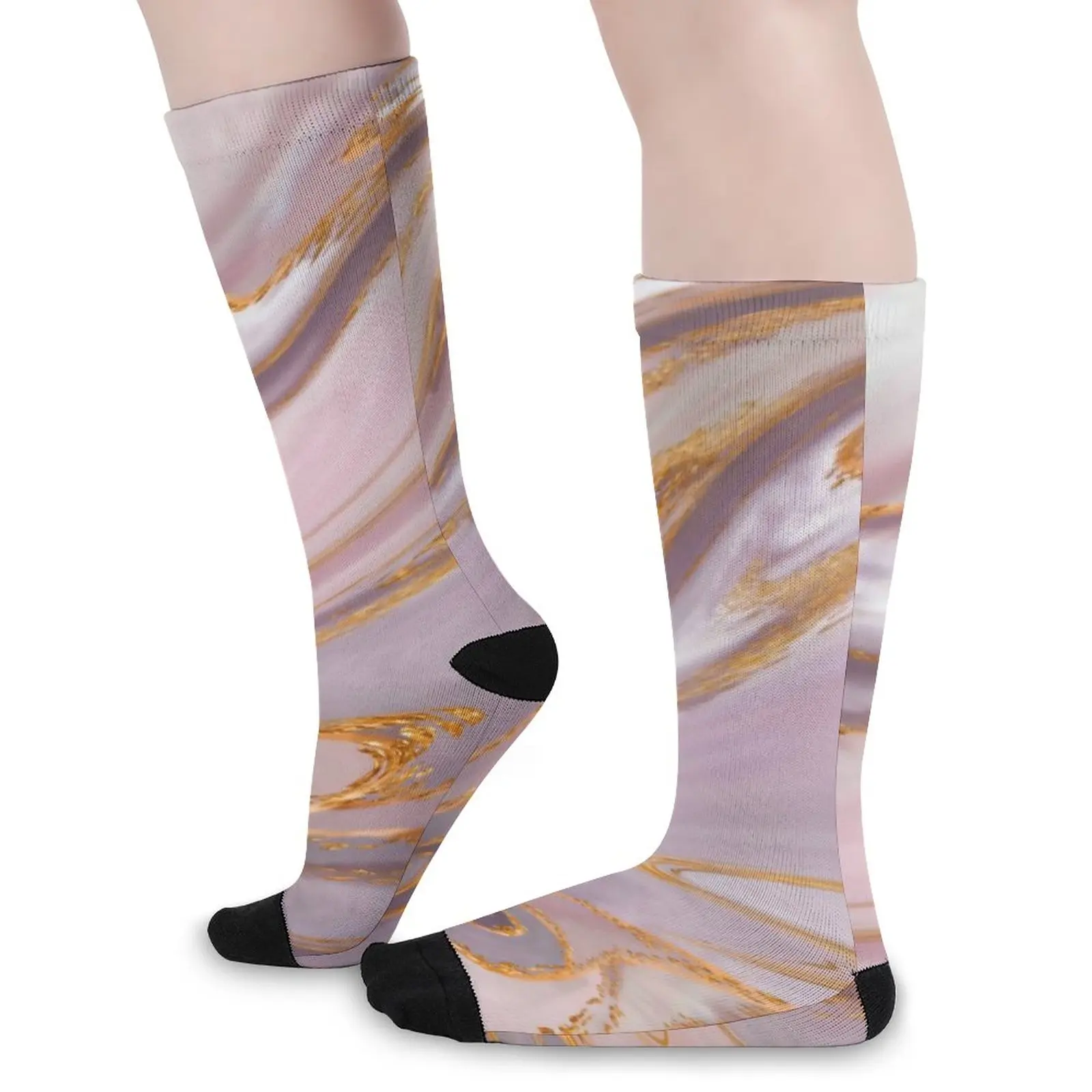 

Золотые чулки с жидким принтом, розовые мраморные дизайнерские зимние нескользящие носки, женские мягкие носки средней длины для скалолазания