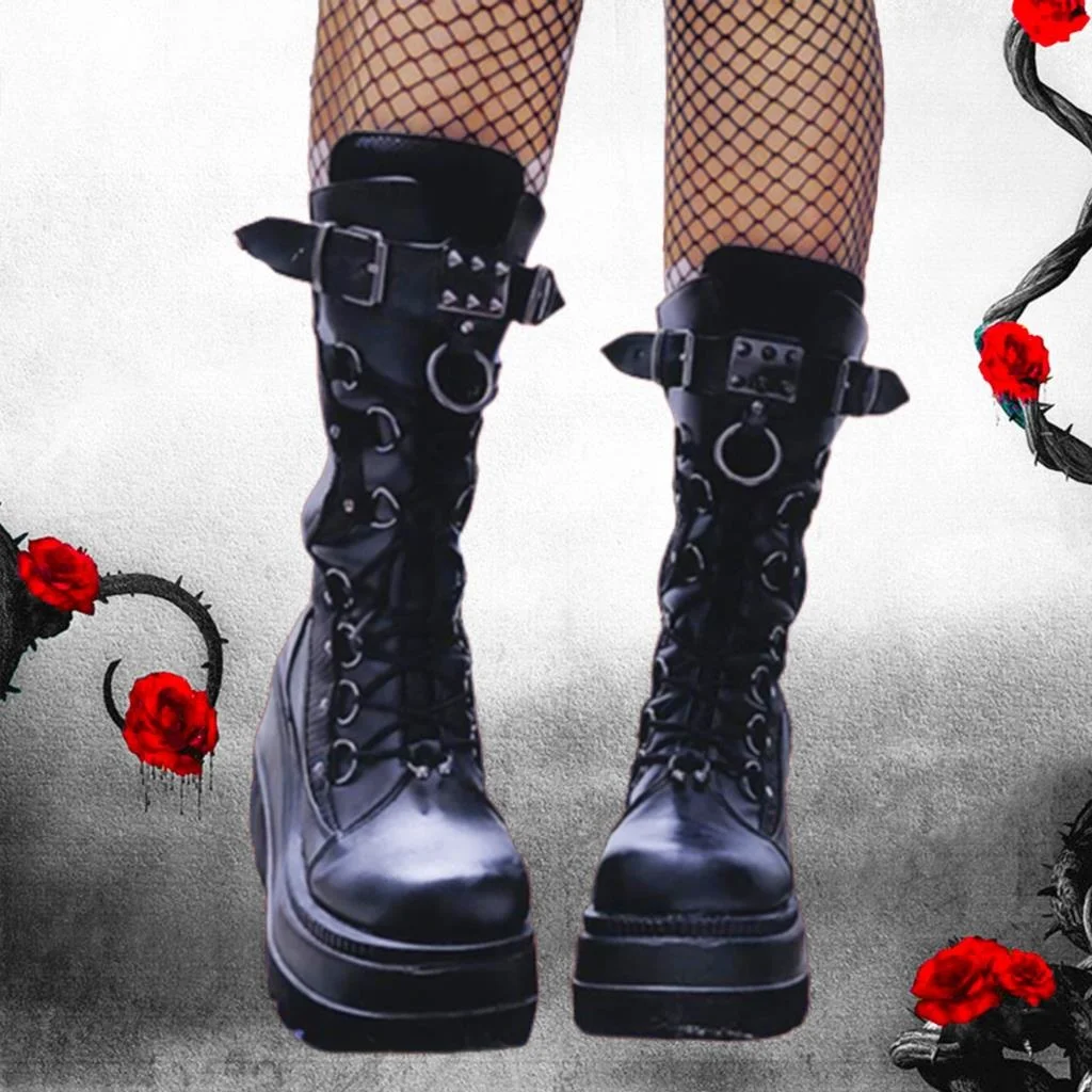 

2023 Autumn Winter Sale Punk Halloween Witch Cosplay Platform High Wedges Heels Black Gothic Calf Boots Women Shoes Big Size 43