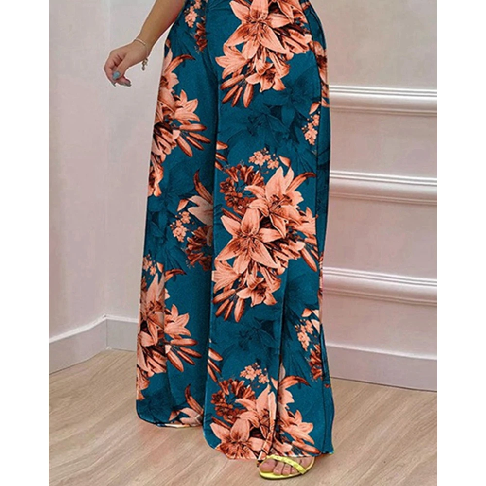 2023 Casual Women Floral Print Crop Top & High Waist Wide Leg Pants Set Summer Femme Two Pieces Suit Set Outfits Korean Style