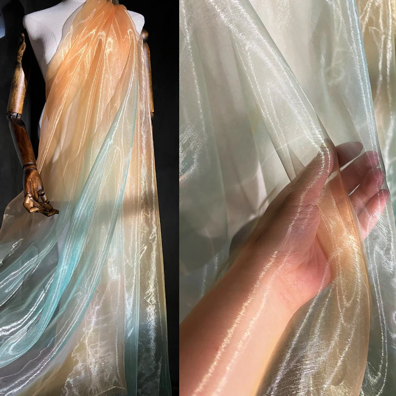 

Блестящая ткань Hanfu, мягкая желтая, зеленая, градиентная, с большими рукавами, дизайнерская, ткань из полиэстера и нейлона