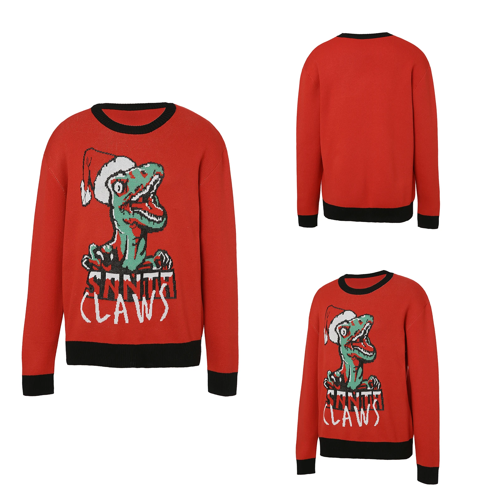 

Family Matching Christmas Sweatshirt, Cartoon Dinosaur Print O-Neck Long Sleeves Knitted Shirt for Adults, Kids, Red