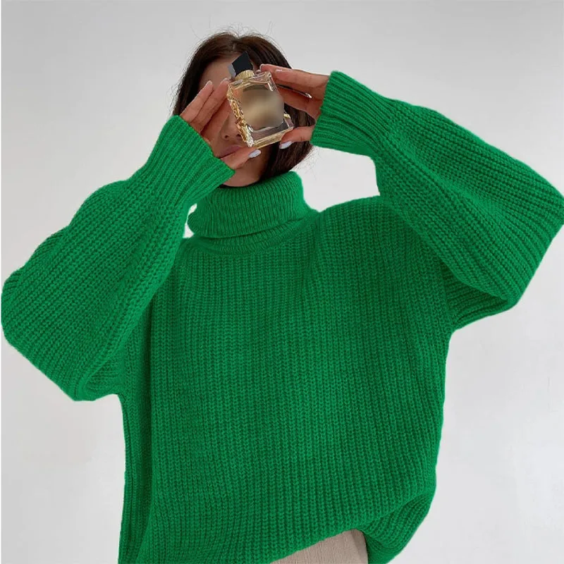 

DUOFAN Turtleneck Sweaters Women Green Knit Oversized Winter Sweaters New Fashion Long Sleeve Solid Designer Lady Knit Pullovers