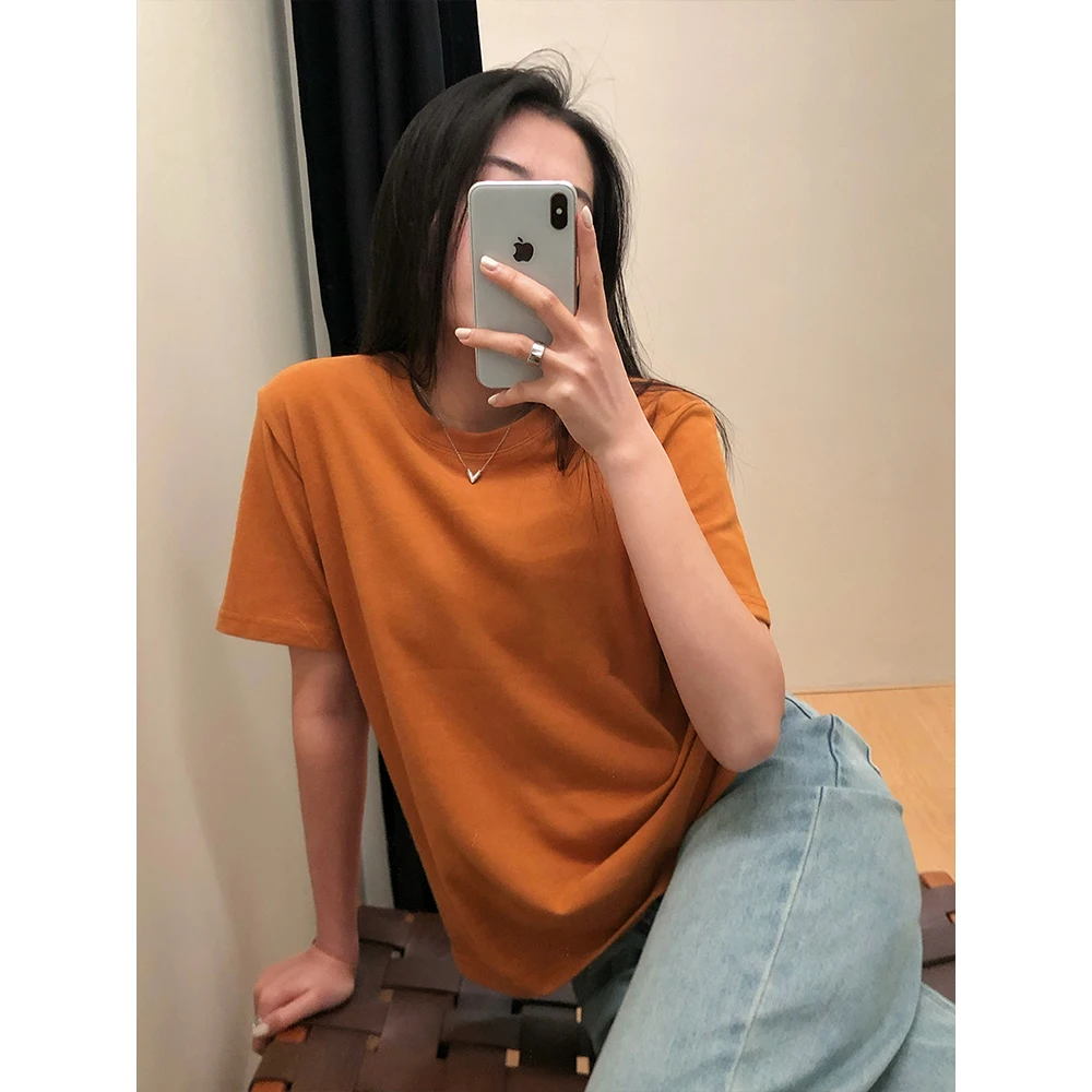 Aku Simple Sanding Basic T-shirt Women 2024 New Shoulder Solid Short sleeve Slimming Versatile round Neck Top
