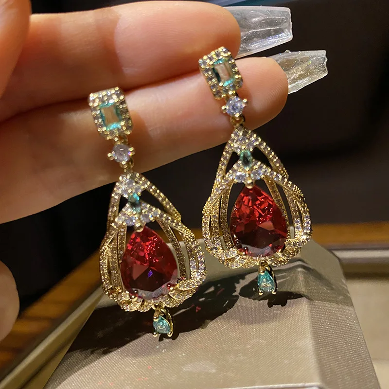 

925 Sterling Silver Dazzling Zircon Big Ruby Hanging Pendant Dangle Earrings for Women Luxury Temperament Valentine's Day Gift