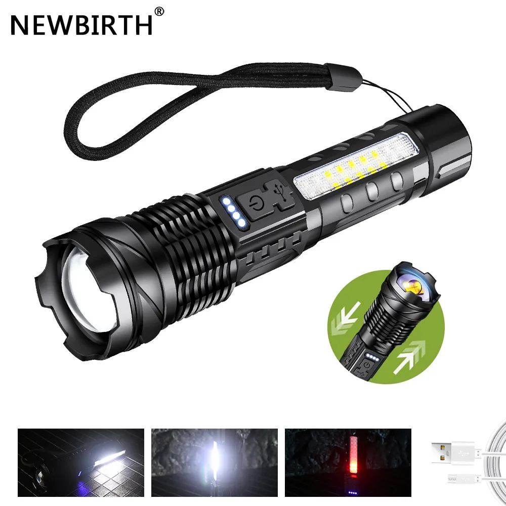 

New Bright Flashlight LED+COB Dual Light Source Lantern USB Charging Waterproof Torch For Outdoor Search And Rescue Camping