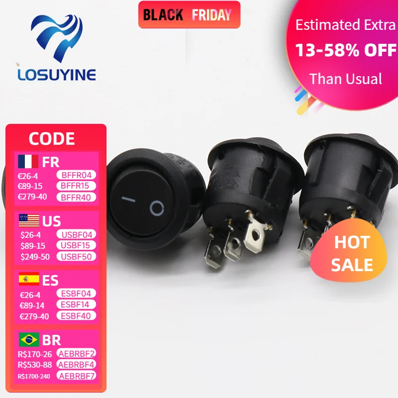 

5 шт. мини круглый черный 3-контактный переключатель SPDT ВКЛ-ВЫКЛ защелкивающийся переключатель