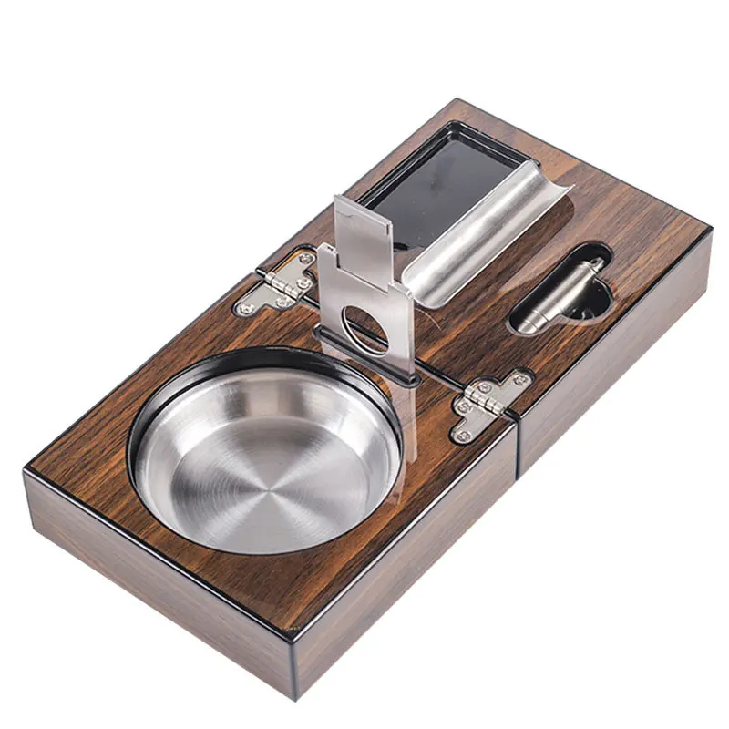 

Cigar Cigarette Ashtray Smoking Accessories Solid Walnut Wood Luxury Foldable Ash Tray Include Cigar Cutter Holder Hole Opener