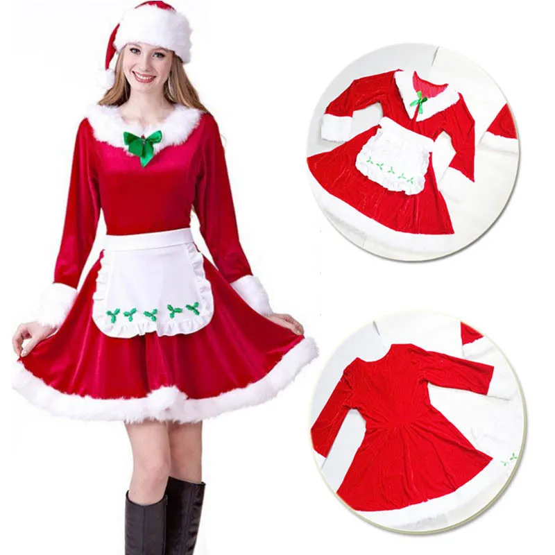 

Christmas Cosplay Long-sleeved Christmas Costume with Apron Christmas Clothes Short Skirt Dress Stage Performance Carnival