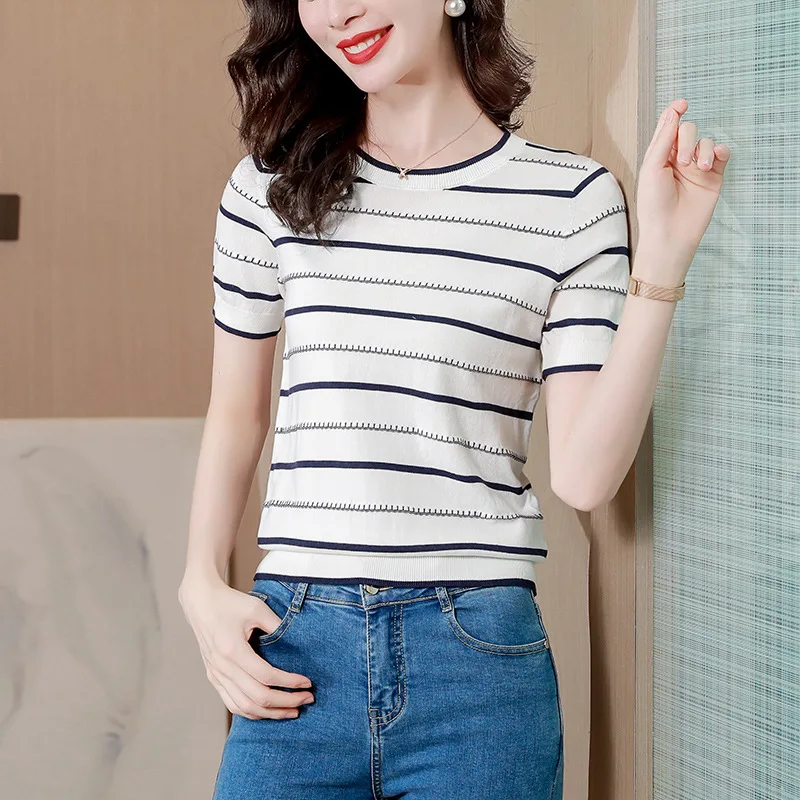 

Woman Tshirts O-Neck Striped Shirts for Women Women Thin Section 2023 Summer Basic Loose Short Top Splicing Tops OL Fashion Tees