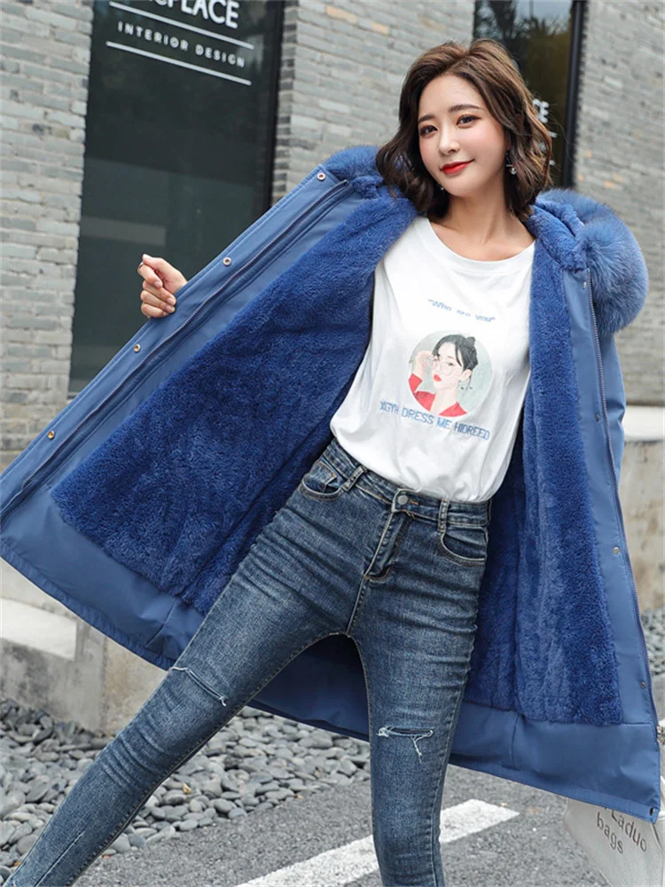 Women Coat 2022 Winter New Fashion Add Wool Thick Warmth Fur Collar Hooded Parkas Down Cotton Jacket Slim Tops Clothing Feminina