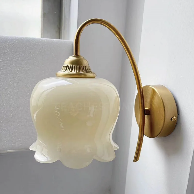 Bell Orchid Flower Cream Simple Wall Lamp Bedroom Bedside Living Room All Copper Corridor Background Decorative